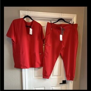 FIGS Bold Red Top and Petite Jogger Bottom Scrub Set